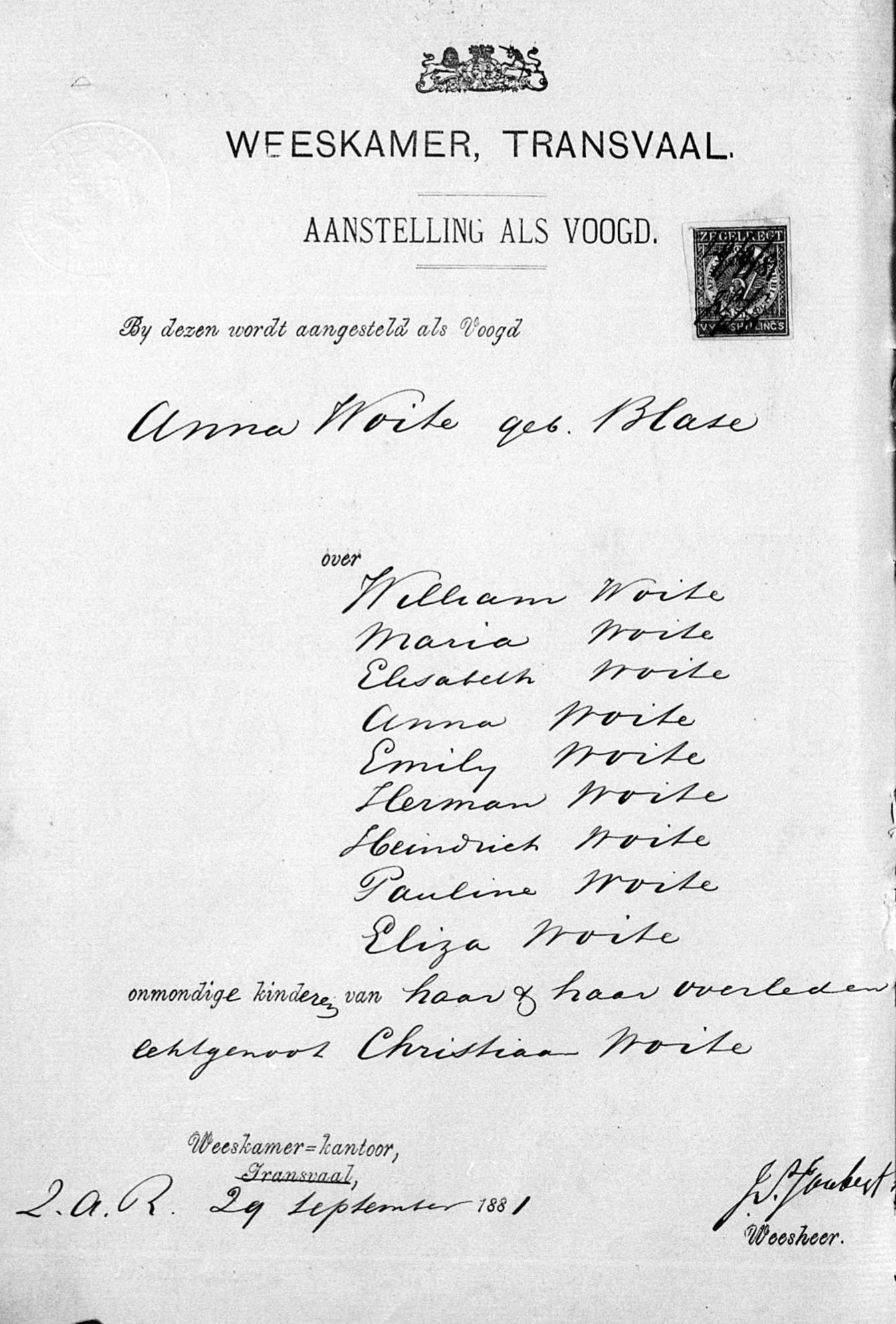 Potchefstroom Anna Woite as guardian